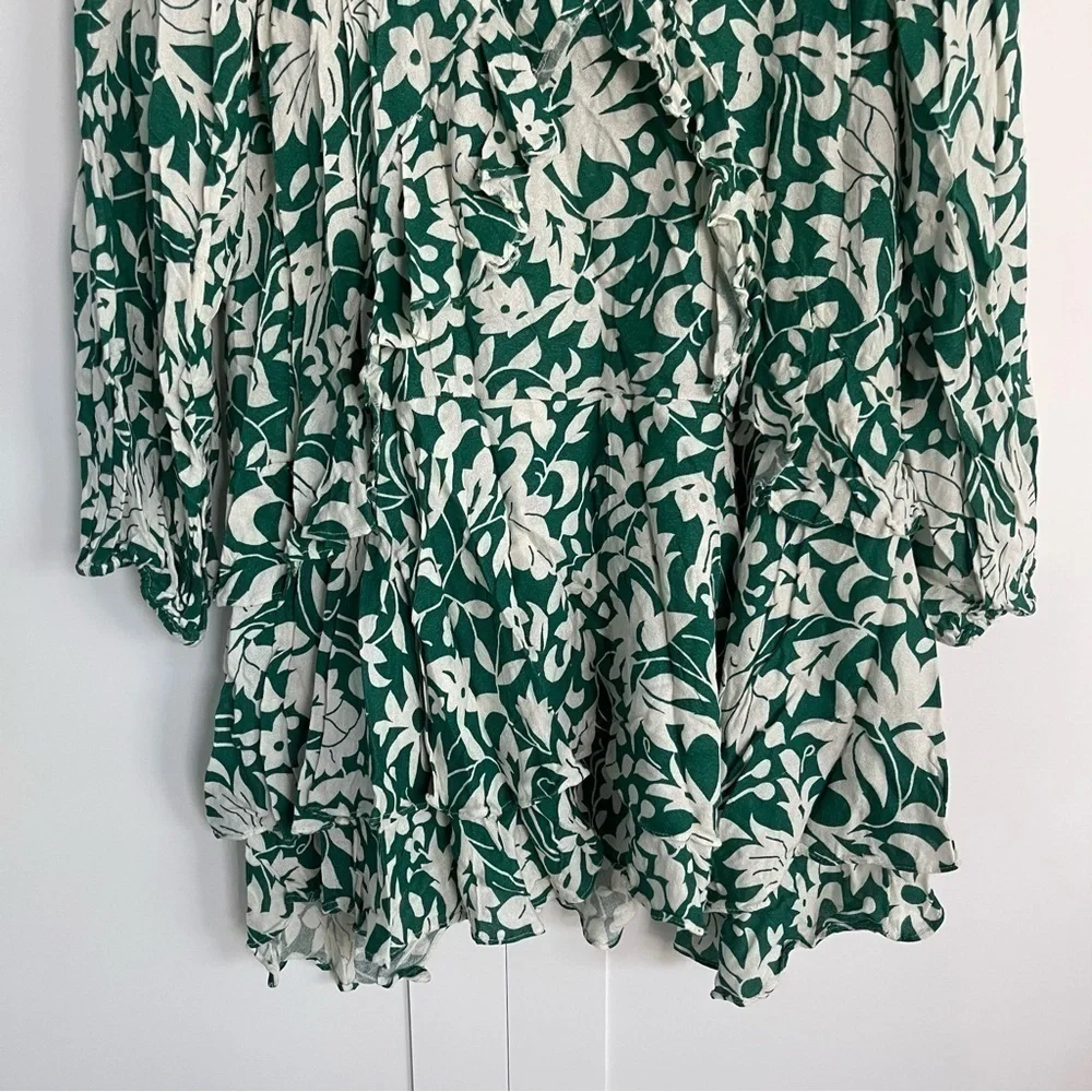 Free People Rebecca Floral Ruffle Long Sleeve Casual Green & White Mini Dress L - Picture 6 of 11